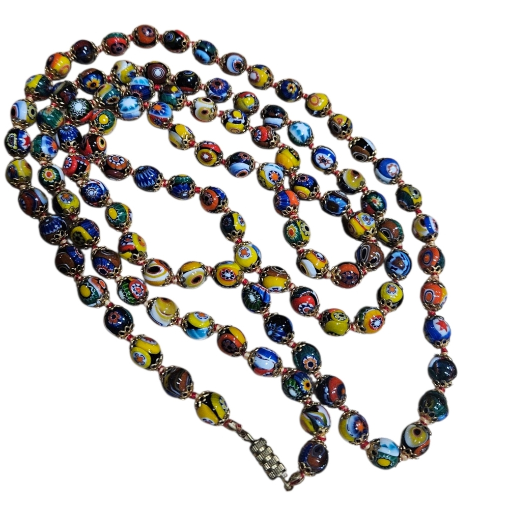 Vintage Millefiori Colorful Beaded Necklace 48"
